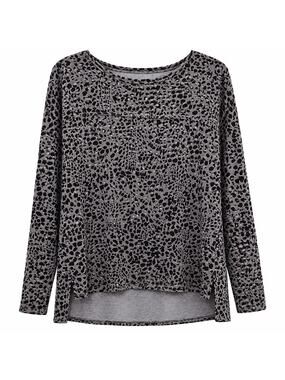 Wrap London long sleeve leopard gray print top. Hemp/cotton fabric. Women 16